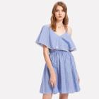 Shein Dot Lace Trim Asymmetric Shoulder Striped Dress