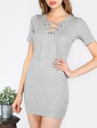 Shein Gray Short Sleeve Lace Up Dress