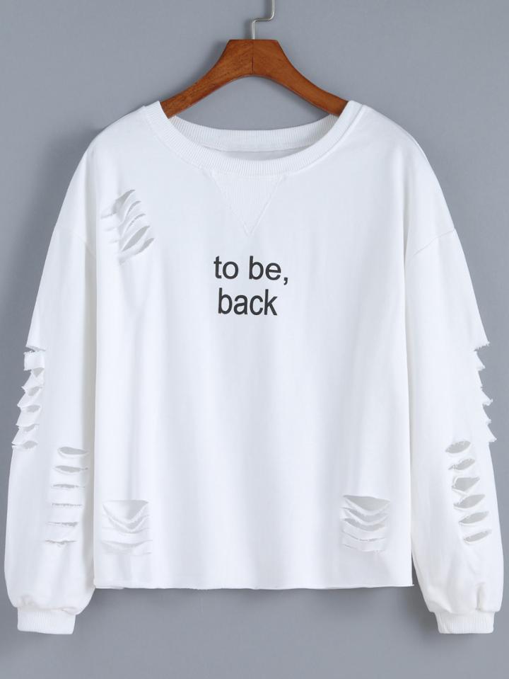 Shein White Round Neck Cut-out Letters Print Sweatshirt