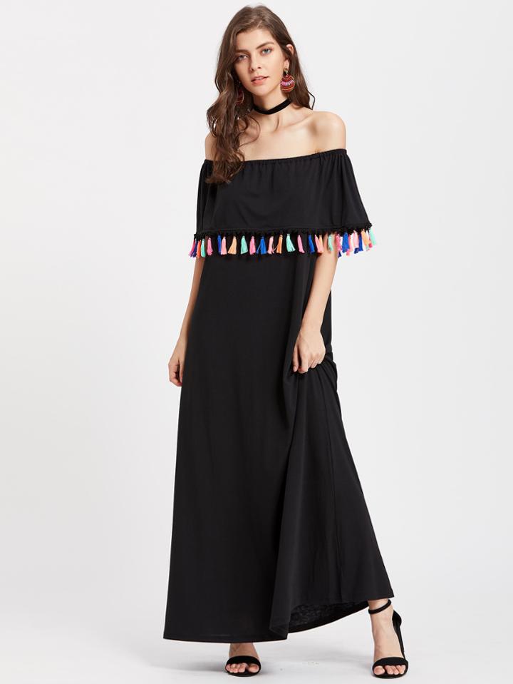 Shein Flounce Layered Neckline Tassel Trim Dress