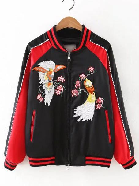 Shein Black And Red Rib-knit Cuff Embroidery Zipper Jacket