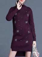 Shein Purple Stand Collar Long Sleeve Beading High Low Knit Dress