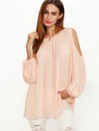 Shein Pink Cold Shoulder Lantern Sleeve Pleated Blouse