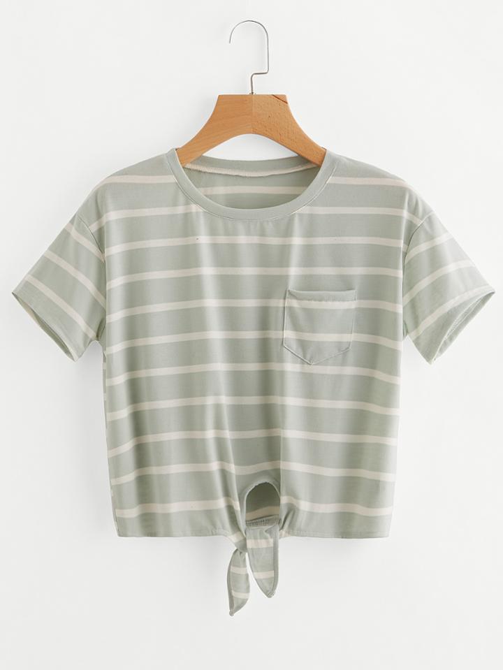 Shein Single Pocket Knot Front Striped Tee