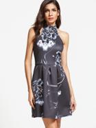 Shein Black Flower Print Box Pleated Halter Neck Dress