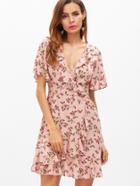 Shein Pink Floral Print Surplice Wrap Ruffle Dress