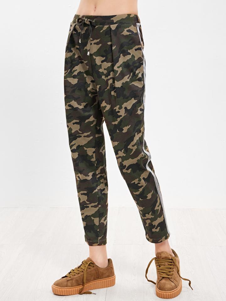 Shein Olive Green Camo Print Drawstring Waist Tapered Pants