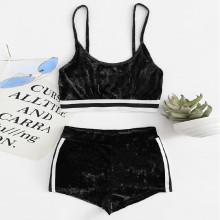 Shein Stripe Trim Velvet Top With Shorts