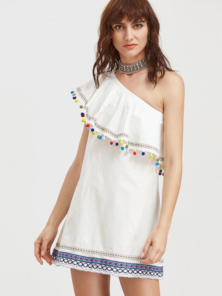 Shein White Embroidered Tape And Pom Pom Detail One Shoulder Dress
