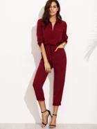 Shein Burgundy Tie Waist Pocket Rolled Sleeve Jumpsuit