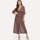 Shein Feather Print Bell Sleeve Wide Leg Jumpsuit