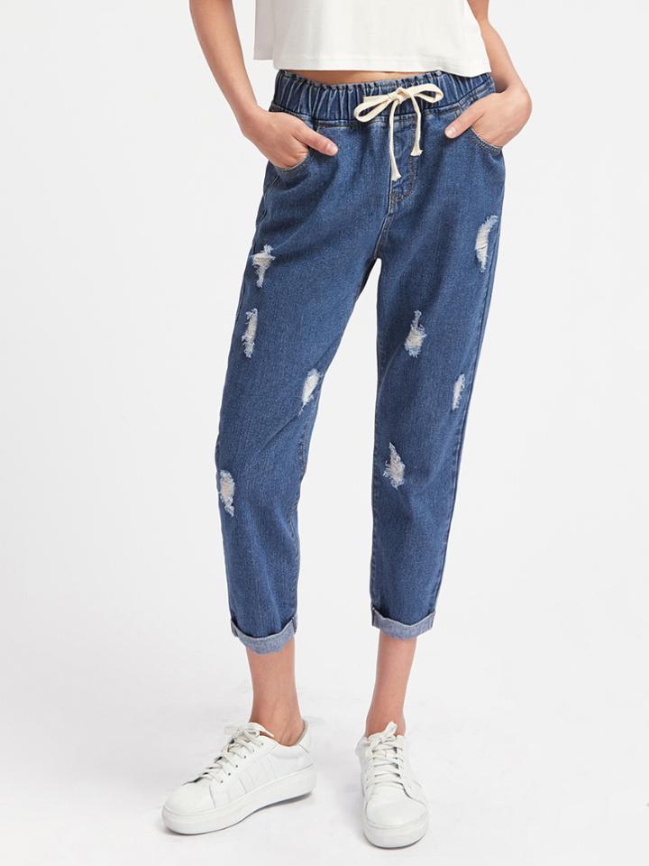 Shein Drawstring Waist Ripped Boyfriend Jeans