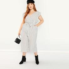 Shein Plus Ruffle Armhole Surplice Neck Striped Jumpsuit