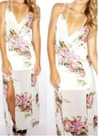 Rosewe Side Slit Flower Print Strappy Maxi Dress