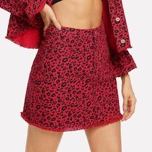 Shein Leopard Print Raw Hem Buttoned Denim Skirt