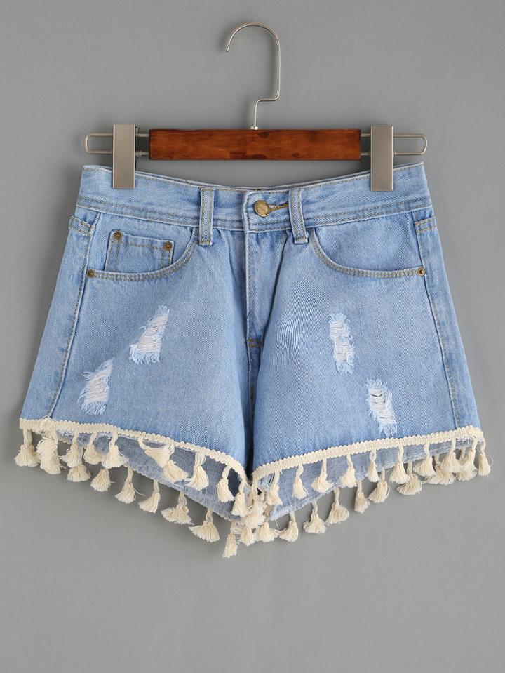 Shein Blue Ripped Tassel Trim Denim Shorts