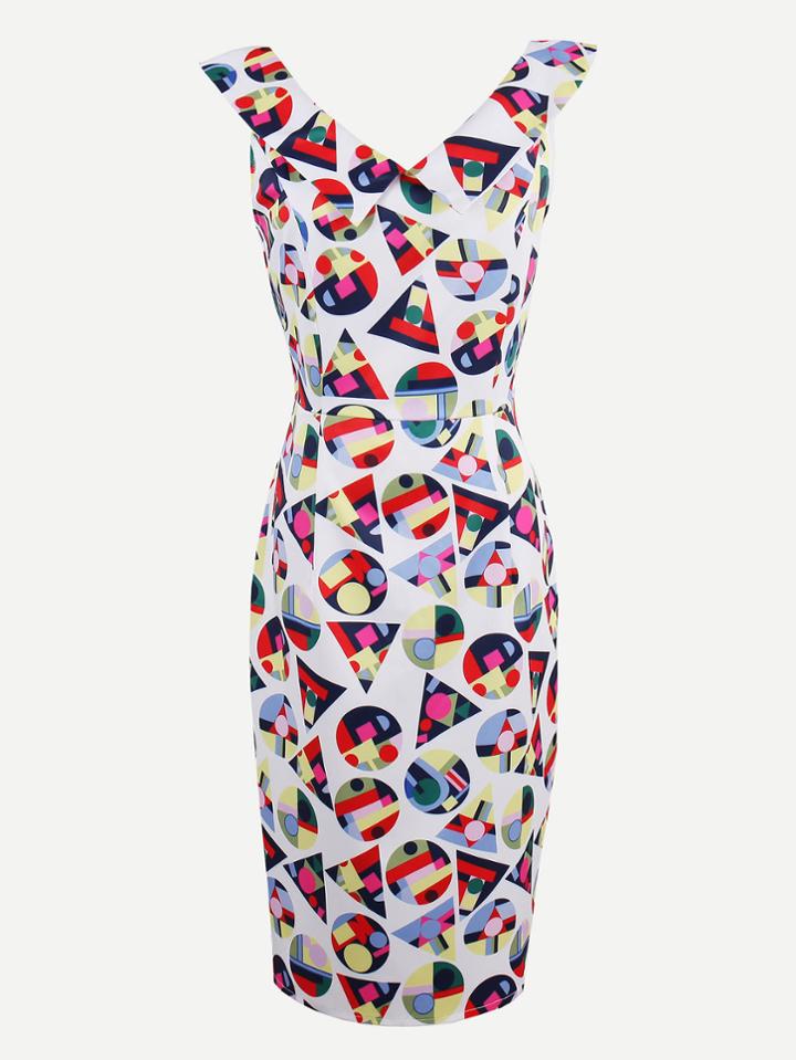Shein Allover Geo Print Double V Pencil Dress