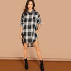 Shein Roll Tab Sleeve High Low Plaid Shirt Dress
