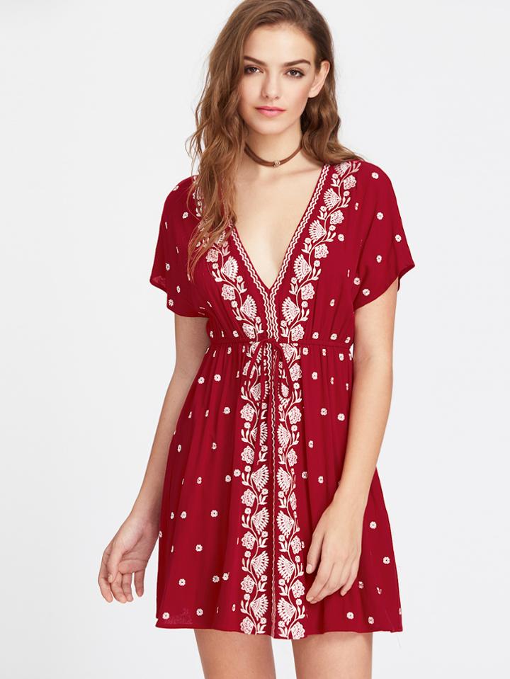 Shein Vine Embroidered Dolman Sleeve Drawstring Waist Babydoll Dress
