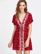 Shein Vine Embroidered Dolman Sleeve Drawstring Waist Babydoll Dress
