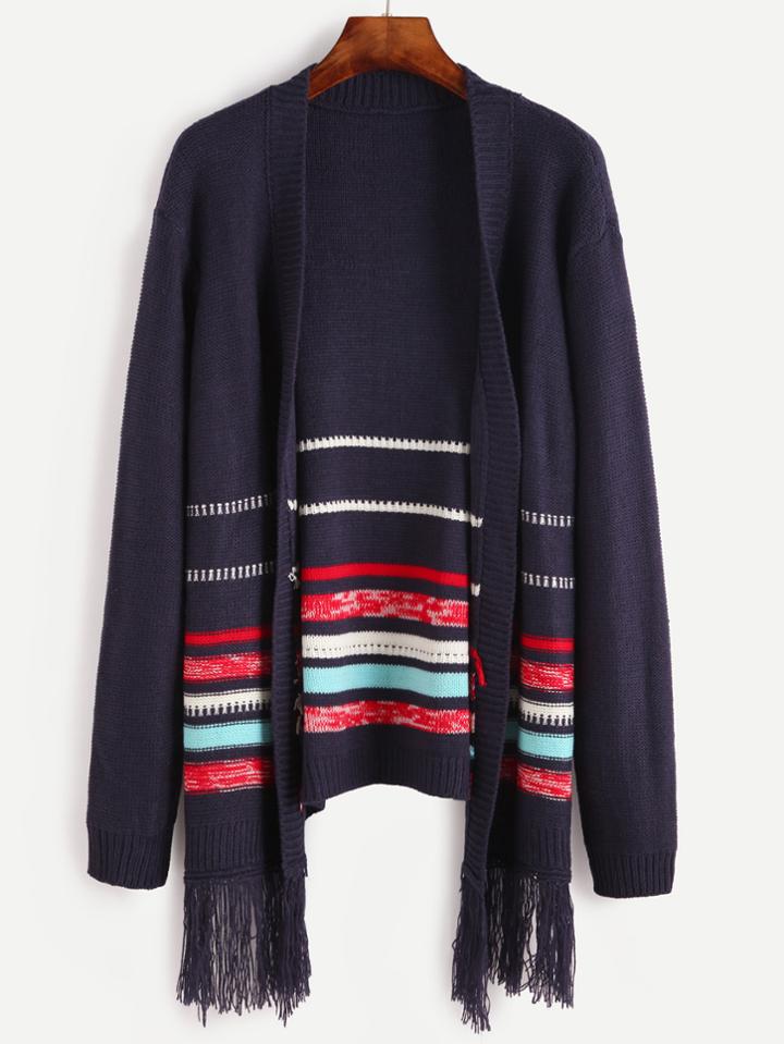 Shein Blue Striped Pattern Fringe Trim Cardigan