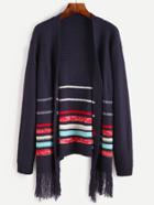 Shein Blue Striped Pattern Fringe Trim Cardigan