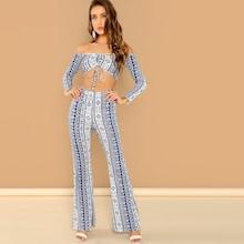 Shein Shirred Drawstring Bardot Top & Flared Pants Set