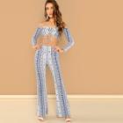 Shein Shirred Drawstring Bardot Top & Flared Pants Set