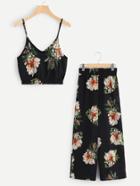 Shein Random Florals Crop Cami Top With Wide Leg Pants