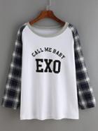 Shein Black White Round Neck Plaid Letters Print T-shirt