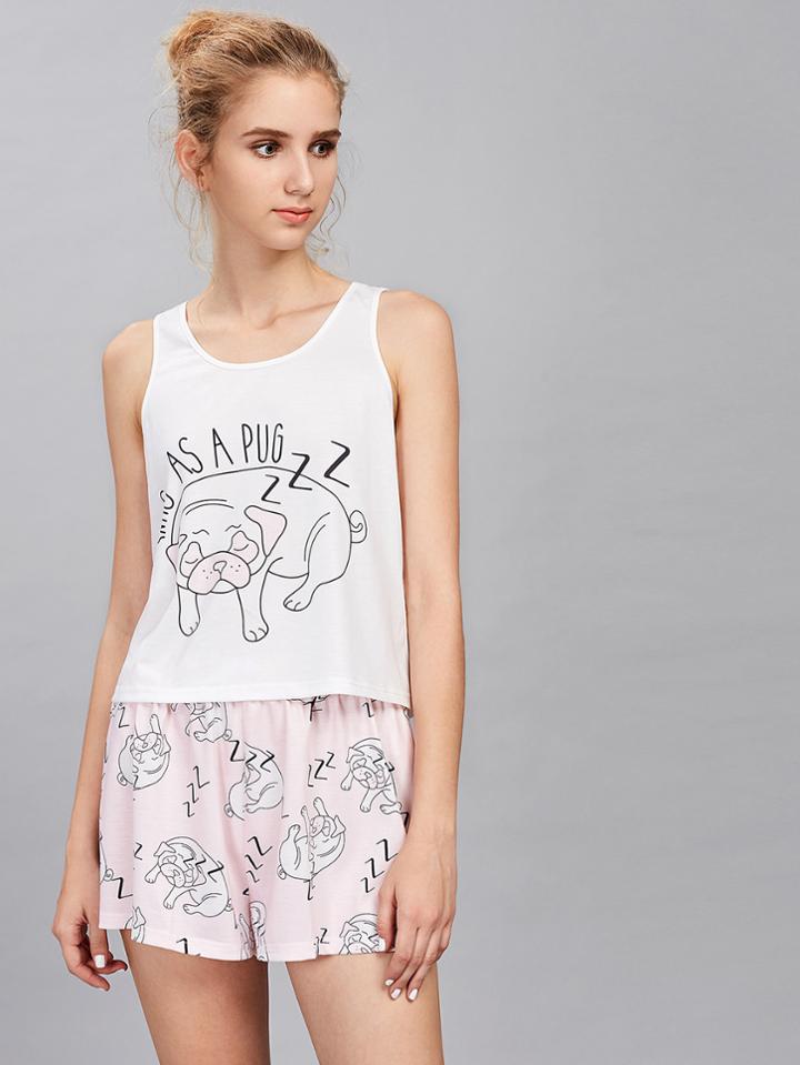 Shein Dogs Print Tank Top With Shorts Pajama Set