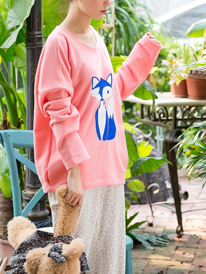 Shein Cartoon Fox Print Tee & Leopard Pants Pj Set