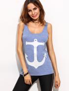 Shein Blue Print Scoop Neck Backless Tank Top