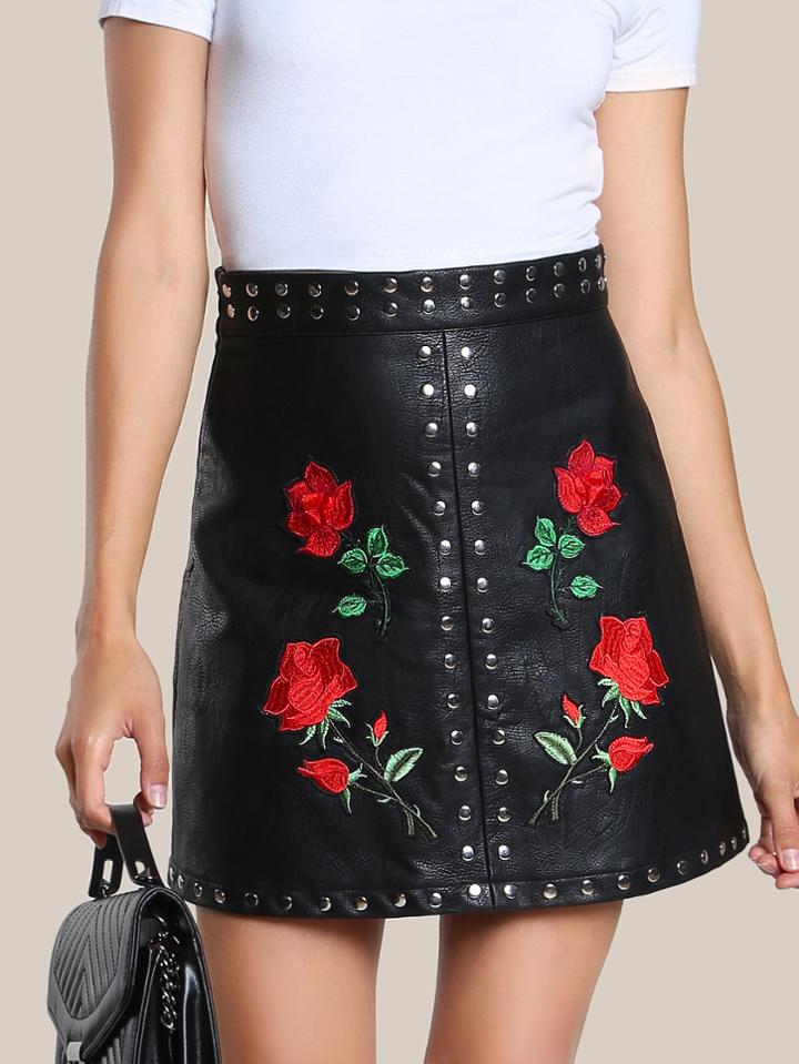 Shein Rose Patch Studded Faux Leather Skirt