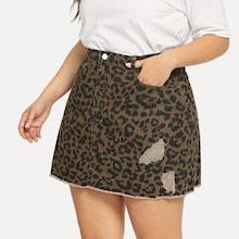 Shein Plus Leopard Print Raw Hem Ripped Denim Skirt