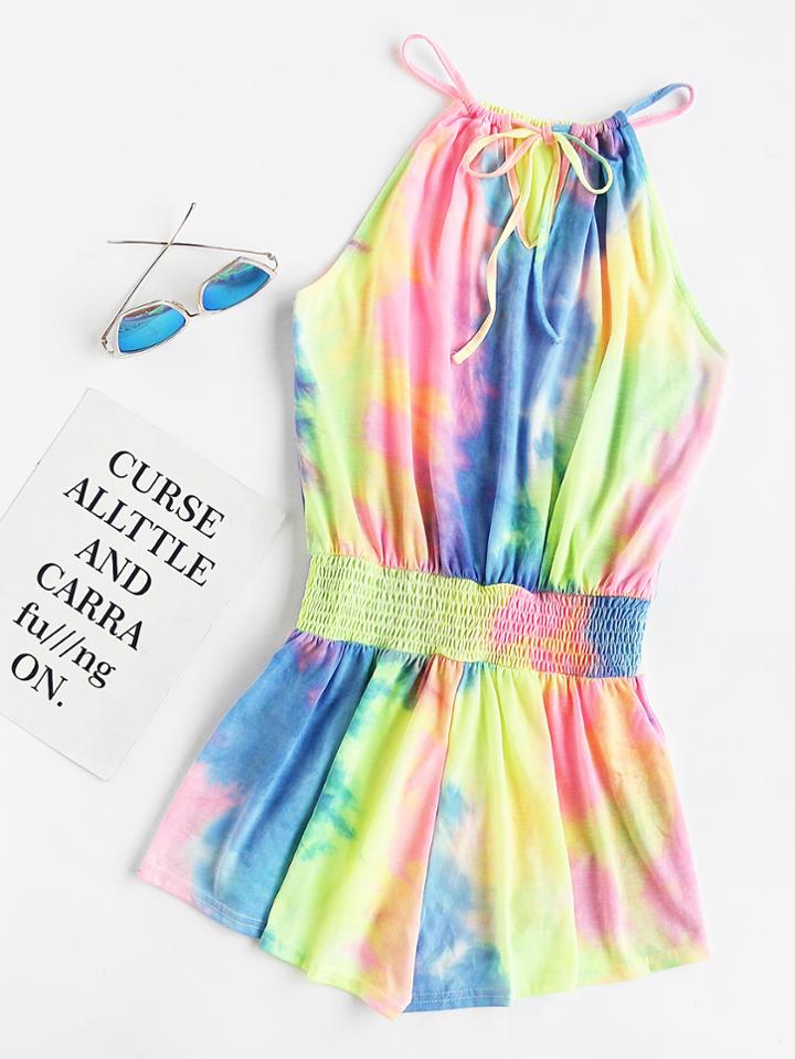 Shein Drawstring Halter Smocked Drop Waist Pastel Tie Dye Romper