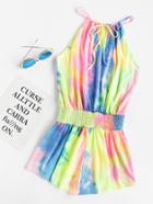 Shein Drawstring Halter Smocked Drop Waist Pastel Tie Dye Romper