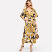 Shein Plunging Neck Keyhole Back Belted Floral Jumpsuit