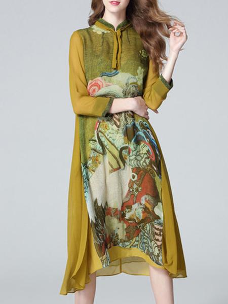 Shein Army Green Collar Print Shift Dress