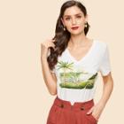 Shein Tropical Print Heart Neck T-shirt