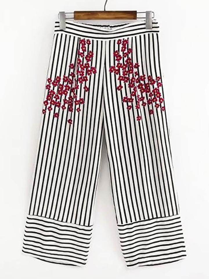 Shein Vertical Striped Flower Print Wide Leg Pants