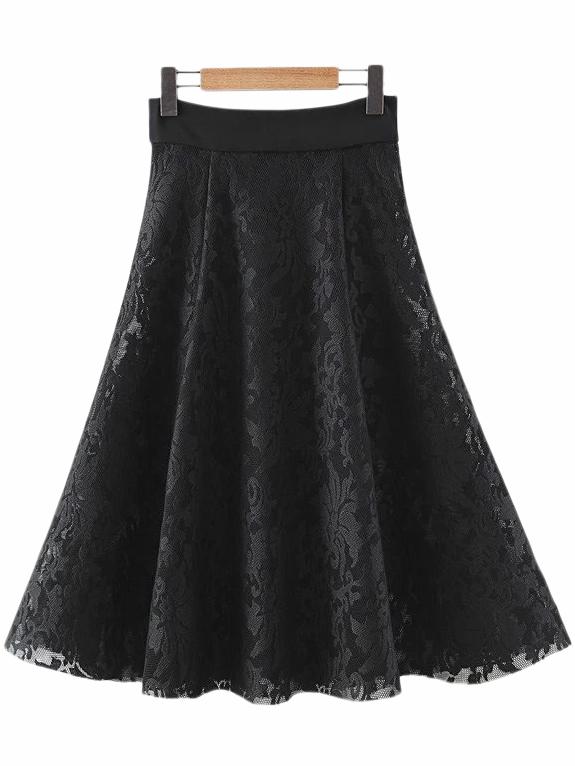 Shein Black Knee Length Zipper Back Lace Flare Skirt