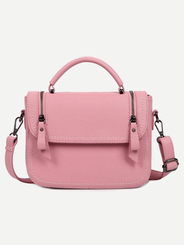 Shein Pink Faux Leather Zip Embellished Satchel Bag