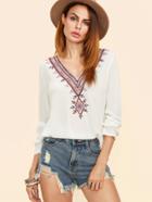 Shein White Embroidered V Neck Pleated Back Top