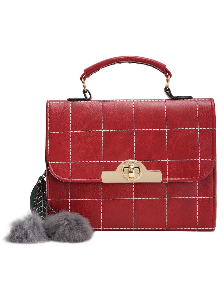 Shein Red Metal Twist Lock Plaid Hairball Embellished Shoulder Bag