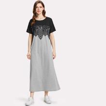Shein Lace Embellished Two Tone Tee Dress