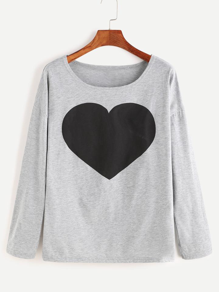 Shein Grey Heart Print Long Sleeve T-shirt