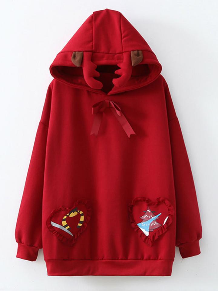 Shein Ruffle Detail Reindeer Christmas Hoodie