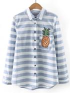 Shein Contrast Striped Pineapple Embroidery Pocket Blouse