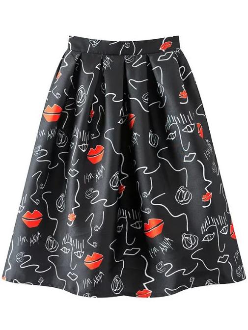 Shein Multicolor Lips Fun Print Flare Skirt